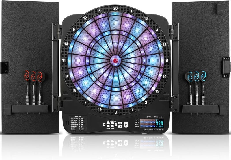 PAETAE Electronic Dart Board Cabinet Set, Illuminated Target Dartboard for Adults, 48 Games with 315 Variations Soft Tip Digital Dartboard Cabinets with 6 Darts, 100PCS Soft Tips - Image 1